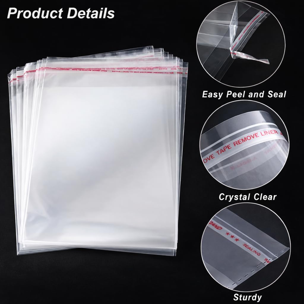 Clear Resealable Cellophane Plastic Bags Self Adhesive for Packaging Shirts, Clothing and Products,50 Pcs 11x15 Inches Self Sealing Cellophane Bags