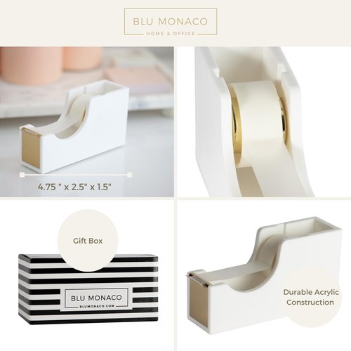 Blu Monaco Acrylic Cute White and Gold Tape Dispenser – Sleek Desktop Tape Cutter for Office & Home – Smooth Cutting Blade & Non-Slip Base – Fits Standard & Large Rolls – Desk Accessory
