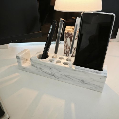 SIRIZEN-DIVING Natural Marble Pen Holder for Desk Docking Station Desk Accessories & Desk Organizer Phone Solid Stone Rulers Pencil Holder for Office (phone&pen white holder)