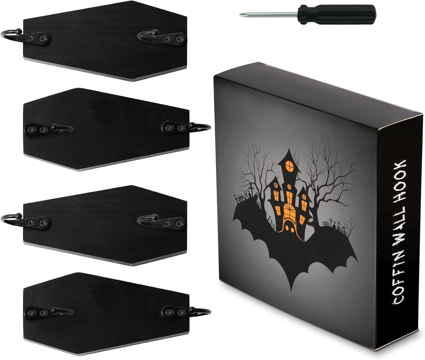 Skiennix Coffin Wall Hook Set - Spooky Gothic Home Decor - Rustic Black Wooden Key Hangers | 4 Pieces