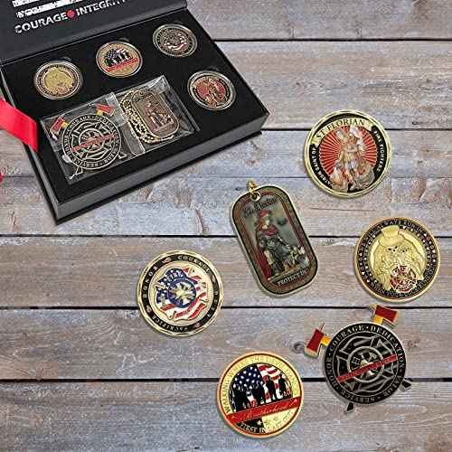 Firefighter Challenge Coin- Fireman Coin Gift Box with 6 Fire Department Prayer Badge, Firefighter Gifts for Men/Women/Son/Dad