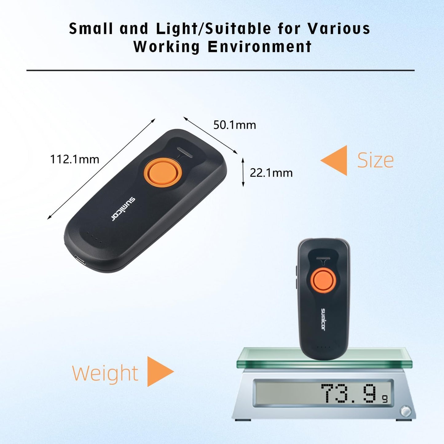 Sumicor Wireless Barcode Scanner - Portable Mini Bluetooth 1D Laser Reader with Battery Indicator