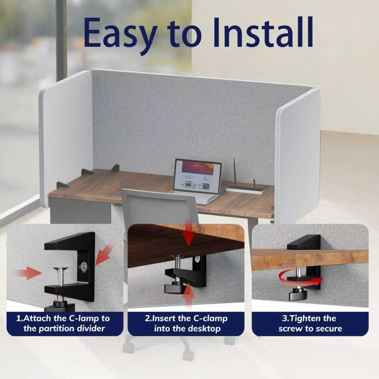 KERRAM Desk Privacy Panel 24 x 24 Inch, Sound Absorbing & Proof Desk Divider for Office, Clamp-on/Screw-on Acoustic Desk Back Panel Partition, Gray