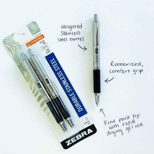 Zebra Pen G-402 Gel Pens 12-Pack, Black Ink, 0.5mm Fine Point, Stainless Steel Barrel, Comfortable Rubberized Grip, Secure Metal Clip, Shirt Pocket-Friendly (49210)