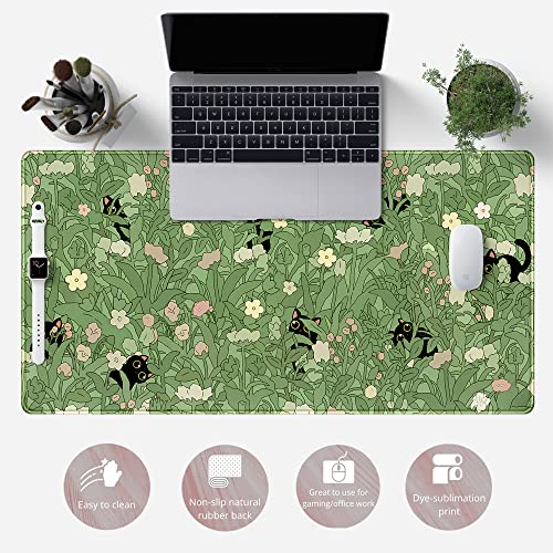 B-cat in the Meadow Green XXL Desk Mat for Keyboard & Mouse - Cute Flower & Plant Design
