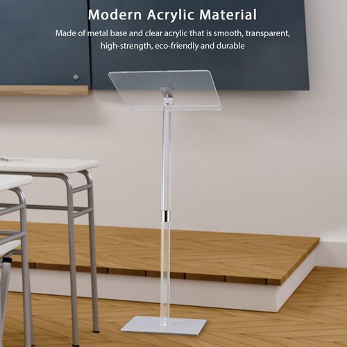 HMYHUM Small Acrylic Podium Stand, 17.7" L x 13" W x 41.7" H, Clear Lecterns & Pulpits for Classroom, Concert, Churches, Speech, Easy Assembly, Metal Base, Modern