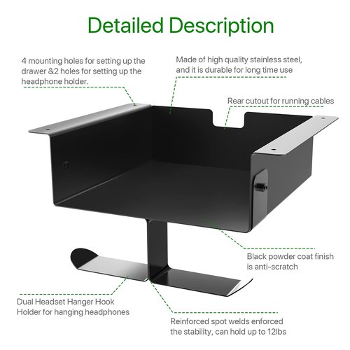 Ehaijia Stainless Steel Under Desk Storage Shelf with Dual Headset Hanger Hook Holder, Hidden Desk Drawer for Space Saving, Great Addition for Workstations, Easy to Install& holds up to 10 lbs