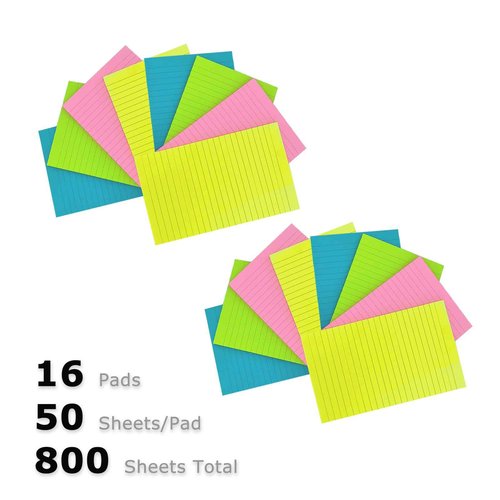 4A 16 Pads Lined Sticky Notes 5 x 8 in, Bright Colors, Colorful Large Sticky Notes with Lines Self-Stick Note Pads for Office School Supplies, 50 Sheets/Pad,16 Pads, 800 Sheets Total, 4A 5084-N-Lx4