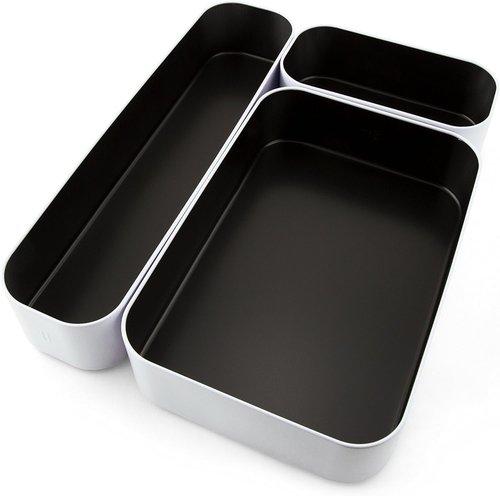 Three By Three Seattle 3 Piece Shallow Metal Organizer Tray Set for Storing Makeup, Stationery, Utensils, and More in Office Desk, Kitchen and Bathroom Drawers (2 Inch, Black and White)