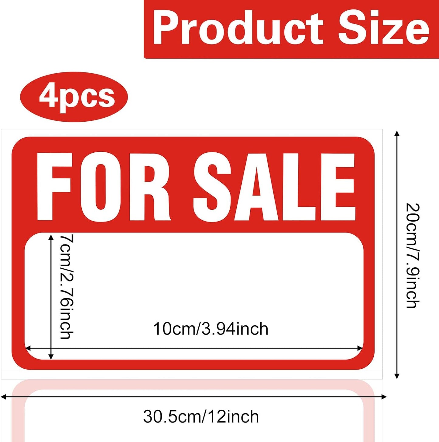 4 Pack Car For Sale Signs - 12"x8" Self-Adhesive PVC Decals for Vehicles, Boats & Garage Doors