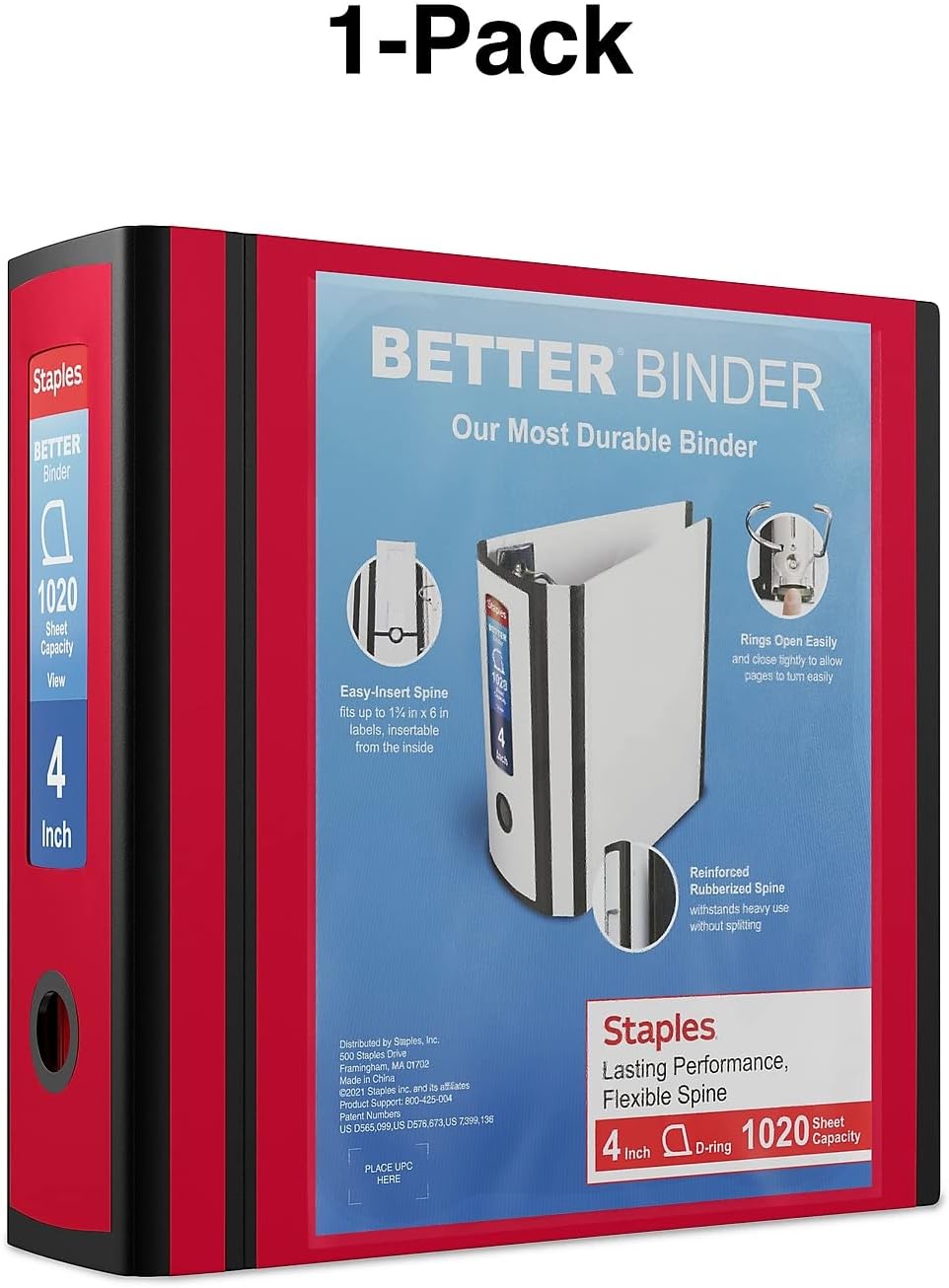 Staples Better Binder - 4" D-Ring 3-Ring View Binder | High-Capacity Red Binder with Reinforced Spine for School & Office