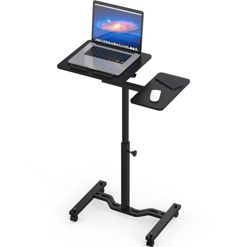 SHW 28.75" to 40.5" Height Adjustable Rolling Laptop Cart with Tilting Desktop and Side Shelf, Black