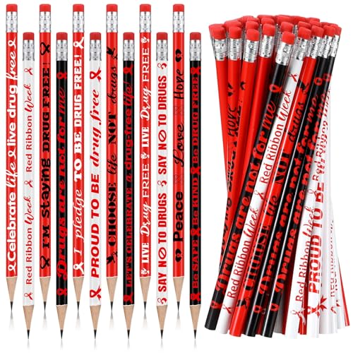 Tenceur 240 Pcs Red Ribbon Week Pencils Bulk Red Ribbon Awareness Month Supplies 12 Designs Drug Free Pencils with Erasers for Teacher Office Supplies Volunteer Fundraising Charity Activity