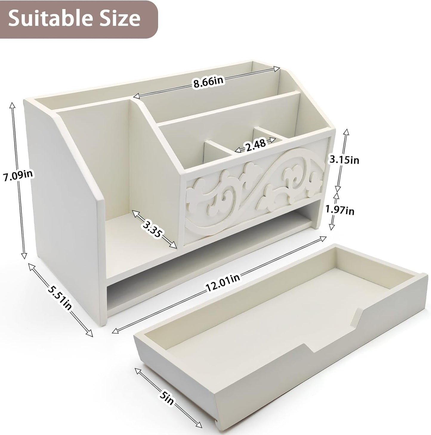Skiennix White Wooden Mail Organizer - Stylish Three-Tier Desk Accessory with Drawer for Office Storage