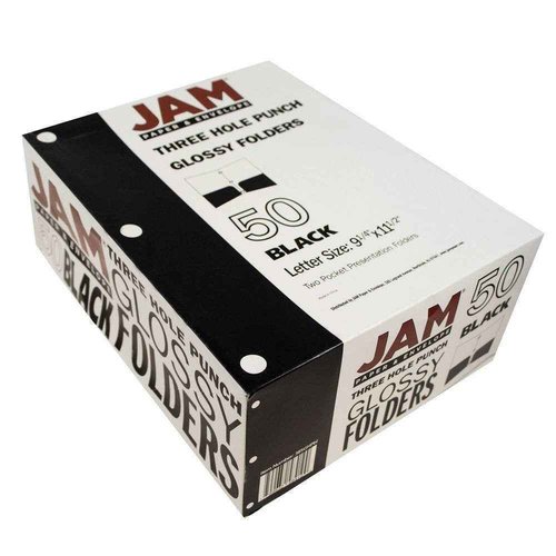 JAM PAPER Laminated Two Pocket Glossy 3 Hole Punch School Folders - Letter Size - High Gloss Black - Bulk 50/Box
