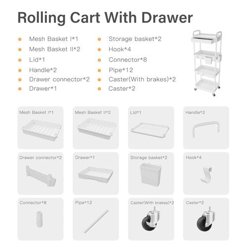 4 Tier Rolling Utility Cart with Drawer,REBECAT Utility Cart Made of Multifunctional Storage Organizer Tool for Kitchen,Bathroom,Living Room,Office(Gray)