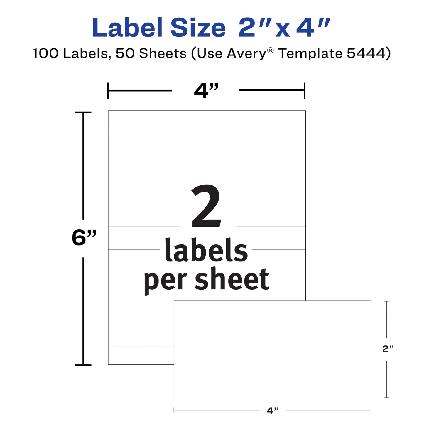 Avery Printable All-Purpose Removable Labels, 2" x 4" White, Write or Print, Great for Organization Projects, 100 Customizable Blank Labels (5444)