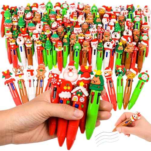 LiYiQ 100 PCS Christmas 4-in-1 Multicolor Pens Bulk for Kids Christmas Stocking Stuffers Christmas Classroom Gifts for Students