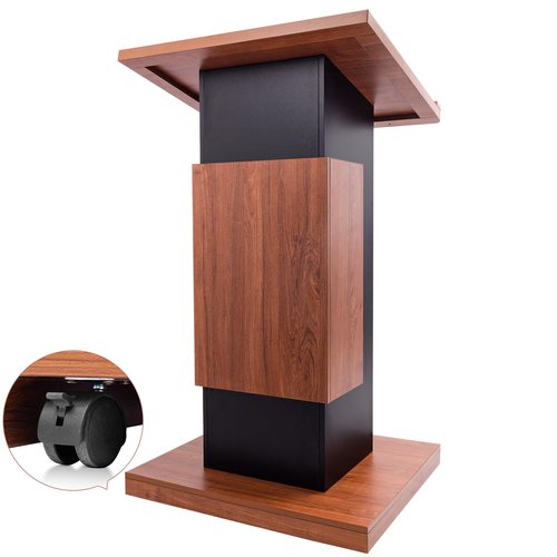 Vakiorn Wood Podium Stand with 4 Lockable Wheels，44.6“ Wooden Lectern with Storage，Wooden Standing Pulpit with Wire Hole for Church Office School Home Conference Restaurant Meeting Auditorium