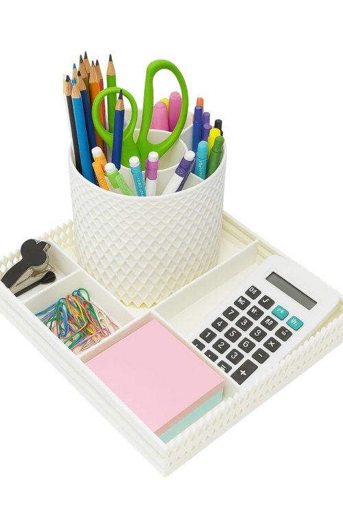 Crafovia 5-Slot Pen Organizer & Cosmetics Brush Set with Tray – Multi-Use Pen & Makeup Holder with 5 Compartments + Utility Tray – Office, Vanity, Bathroom & Living Room Organizer (White Organizer)