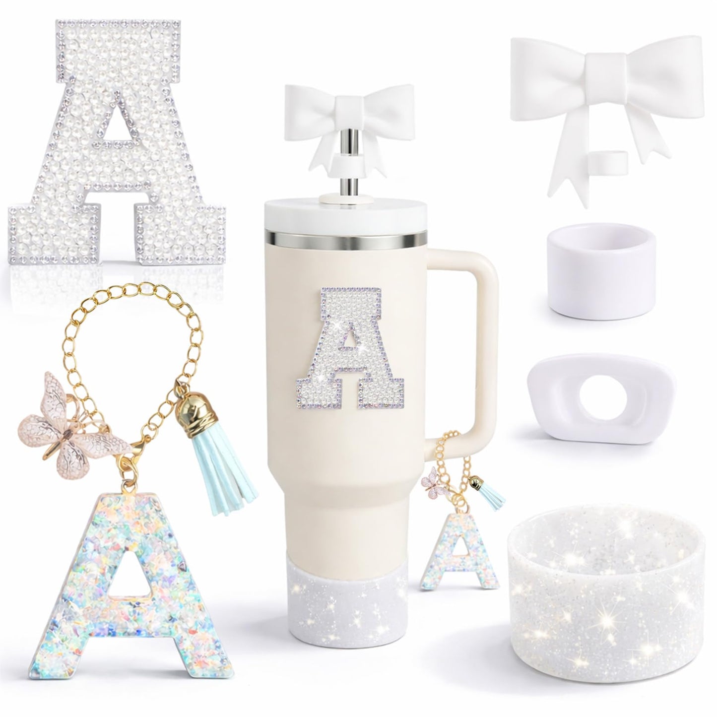 6PCS White Stanley Cup Accessories Set Fit for Stanley Cup 30oz 40oz. Including Handle Charm, Personalized Initial Sticker, Straw Topper, Sparkly Silicone Boot, Spill Proof Stopper (Letter-A)