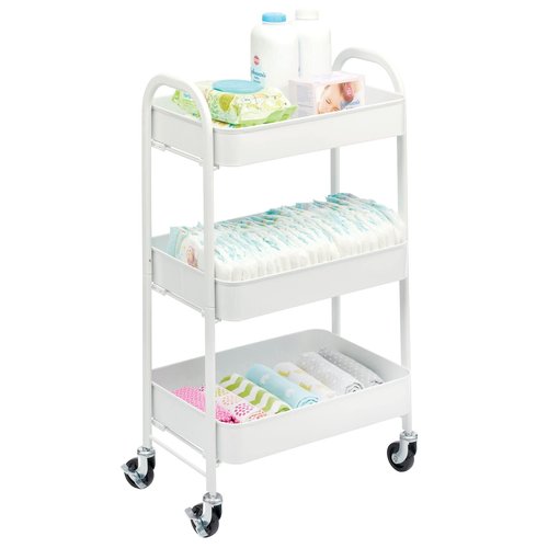 mDesign Metal 3-Tier Rolling Utility Storage Carts - Organizer Trolley for Bathroom, Kitchen, Laundry, Office, and Kids Rooms - Heavy Duty Caddy with 4 Caster Wheels - Matte White