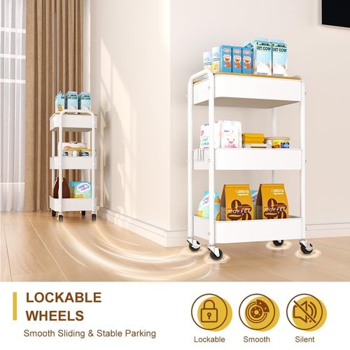 HIDODO 3 Tier Metal Utility Cart, Rolling Storage Cart with Wooden Tabletop, Metal Organizer Cart with Lockable Wheels for Office, Bedroom, Kitchen and Living Room (White)
