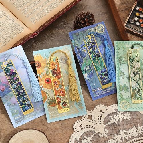 4 Pieces Golden Hollow Metal Bookmarks with Tassel - Oil Painting Theme, Flowers Variation for Book Lovers & Readers