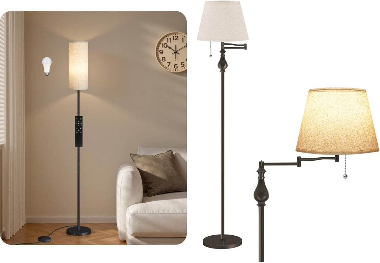 Skiennix Mid-Century Modern Floor Lamp - Adjustable Swing Arm & Pull Chain Switch - Antique Design for Living Room, Bedroom, Office