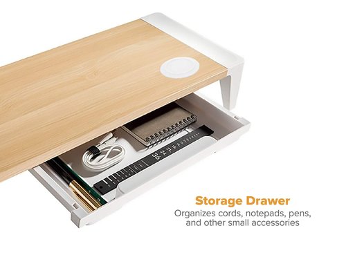 Bostitch Office Wooden Monitor Stand with Wireless Charging Pad, Drawer for Storage, Adjustable Height Riser Includes Removable Non-Skid Rubber Feet - Wood Grain and White (STND-248WH)
