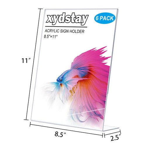 xydstay 6pack 8.5x11 Acrylic, L Shape Clear Plastic, Menu Holder, Unbreakable Table sign holder for Restaurant, Office, School, Store and Home Use