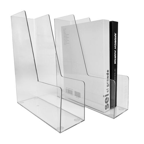 RHONZHAO Vertical File Holder, 2 Pack Plastic Document Organizer and Clear Magazine Holder, Multi-purpose for Home Office (Clear)