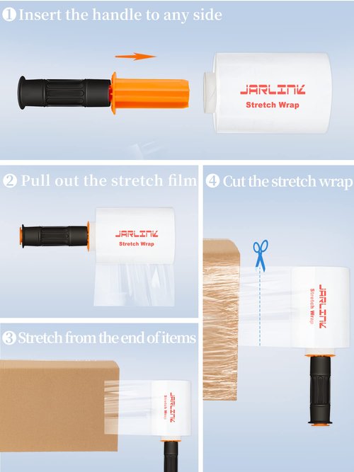 JARLINK 4 Pack Stretch Wrap, 5 Inches Shrink Wrap for Pallet Wrap, Moving Wrapping Plastic Roll, Industrial Strength Stretch Film up to 650% Stretch with Handles, 1000 Feet