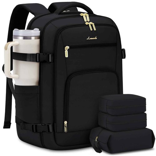 LOVEVOOK Carry on Backpack, 50L Large Travel Backpack For Airplanes, TSA Personal Item Travel Bag, Waterproof Daypack Fits 18 Inch Laptop, Business Weekender Overnight With 3 Packing Cubes, Black