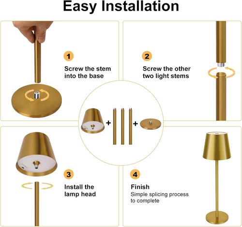 Gold Cordless Table Lamp - Adjustable Height 8-20 Inches | 5000mAh Rechargeable LED, 3 Color Dimmable
