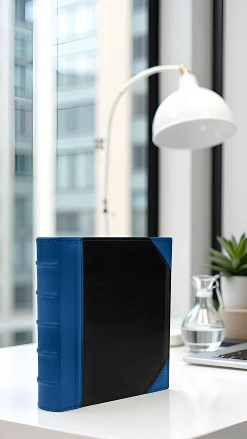 KLEER VU Executive Binder – Leather Binder with 1.5" D-Rings, 2 Tone Stitching with Ribbed Blue Spine, Holds 350 8.5x11 inch Sheets – for School, Library, Home, Law & Accounting Firm, Office (Blue)