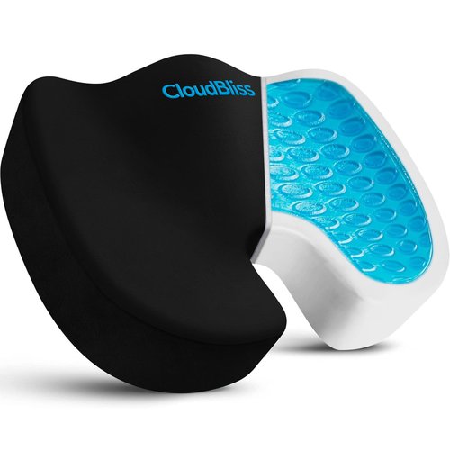 CloudBliss Gel Seat Cushion - Cooling Gel Enhanced, Memory Foam, Ergonomic Seat Cushion for Long Sitting - Back, Sciatica, Coccyx, Tailbone Pain Relief for Office, Game, Car, Airplane (X-Large, Black)