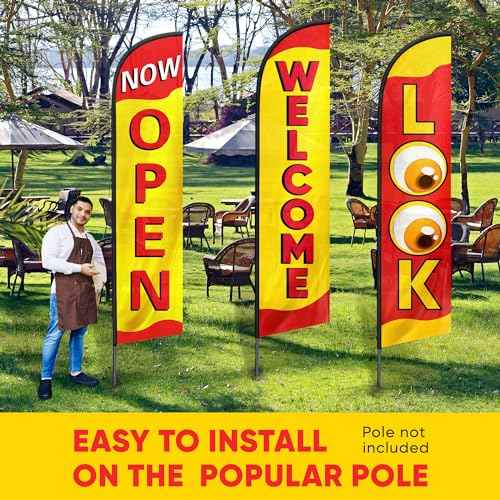 Open Flags for Businesses, Advertising Flags for Outside, Restaurant and House, Look, Welcome, Now Open Banner, Set of Three Feather Flag 12ft x 2.5ft (Pole not included)