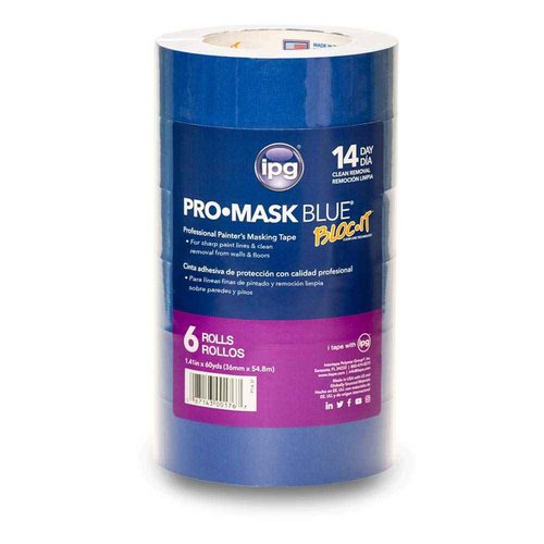 IPG ProMask Blue with BLOC-It, Premium 14-Day Masking Tape, 1.41" x 60 yd, Blue, (6-Pack)