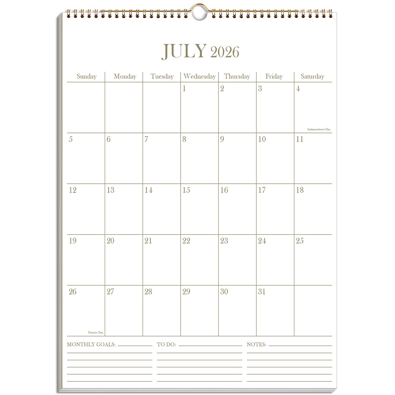 Calendar 2026-2027 - Wall Calendar from July 2026 - December 2027, 2026-2027 Wall Hanging Calendar with Thick Paper, 12" x 14.5", Gold