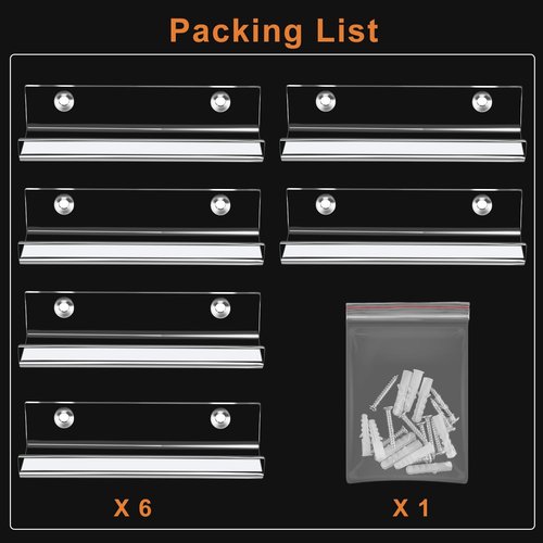 Jansburg 6 Pack Clear Vinyl Record Shelf Wall Mount Acrylic Album Display Holder Storage Hanger CD Floating Shelf for Home Office, 4 Inch