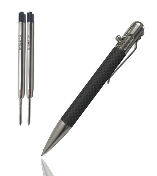 BASTION Carbon Fiber & Stainless Steel Pen Plus 2 Gel Black Ink Refill | Luxury Bolt Metal Fine Point (0.5mm) For Women & Men Ballpoint Pen Combo Gift Set