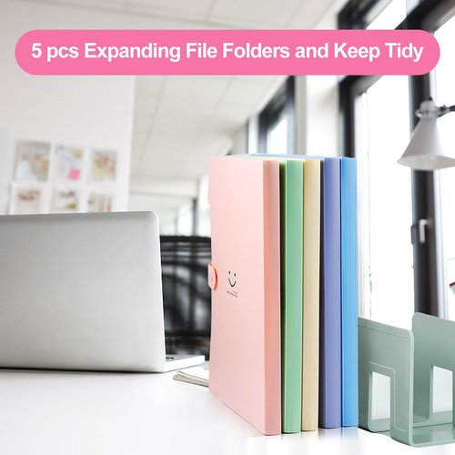 Gabotrie 5PCS Expanding File Folders,Plastic Accordion Folder with 5 Pocket,A4 Size Accordion Document Organizer,Expandable File Folder with 60 Labels for Home Office(Green+Blue+Pink+Purple+Beige)