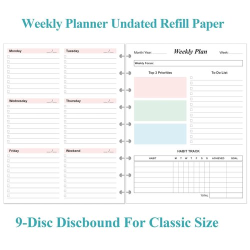 9 Disc Weekly Planner Refills - Classic Size 53 Sheets/106 Pages Colorful Weekly Planner for Happy Planners Insert, 100 gsm White Paper, Lasts 1 Year, Undated, 7" x 9.25"