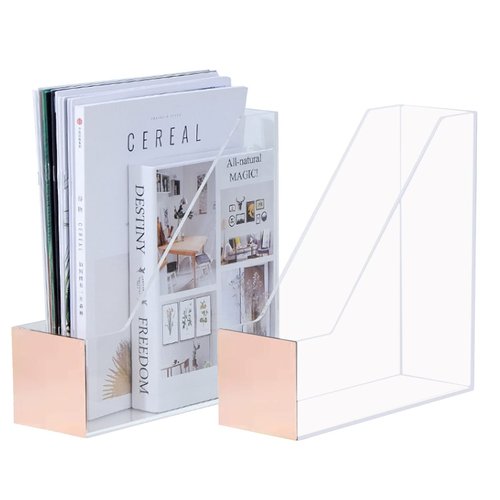 Zyners 2 Packs Clear Acrylic Magazine File Holder, Plastic File Folder Storage Organizer , Decorated with Rose Gold Sequins for Office, Home, Desk, School（9.8" x 3.5" x 10"）
