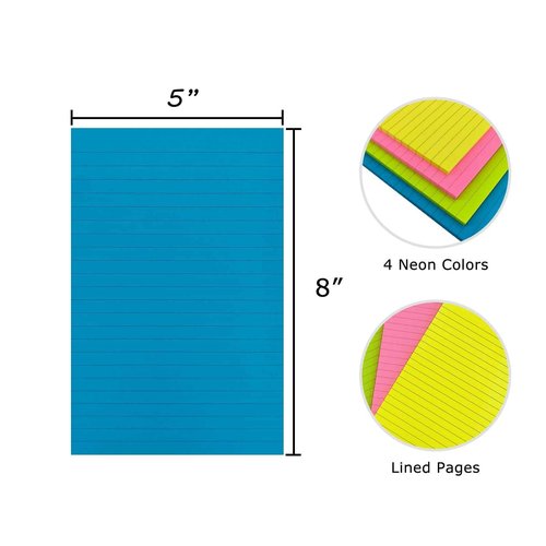 4A 16 Pads Lined Sticky Notes 5 x 8 in, Bright Colors, Colorful Large Sticky Notes with Lines Self-Stick Note Pads for Office School Supplies, 50 Sheets/Pad,16 Pads, 800 Sheets Total, 4A 5084-N-Lx4