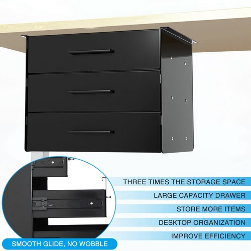 Menkxi 16 Inch Slide out Under Desk Drawer 3 Layer Pull out Desk Organizer Storage Metal Mounted Sliding Hidden Under Counter for Writing Office Sit Stand Workstation, Vertically Stacked, Black