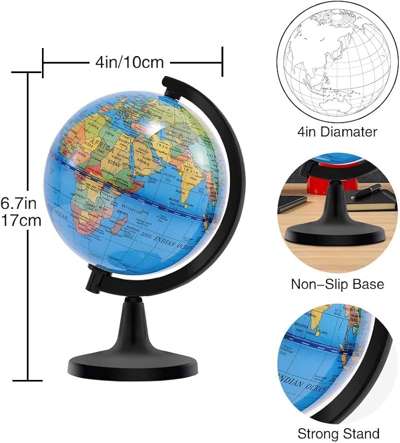 Wizdar 4 Inch Kids World Globe Educational Desktop Globe - Portable & Rotatable