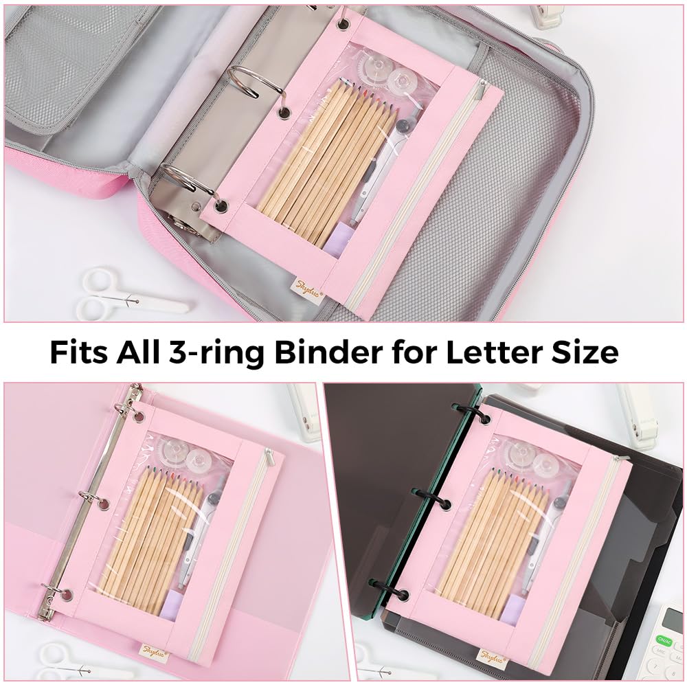 SKYDUE 3 Ring Pencil Pouch for Binder, Zipper Binder Pencil Pouch with 3 Pockets and Mesh Window, Durable Organizer for School Supplies, Cables, Earbuds, Makeup