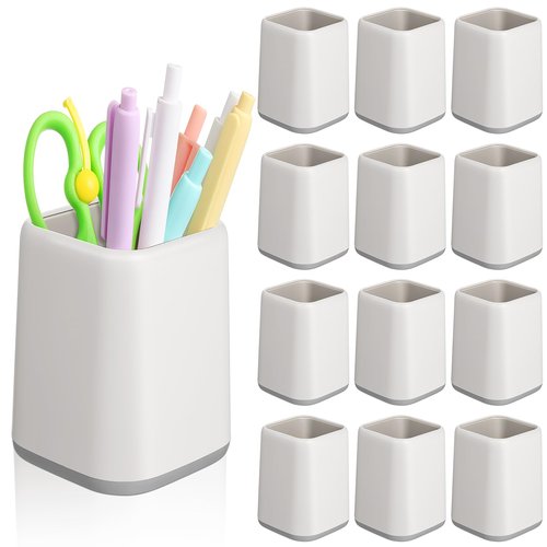Mimorou 12 Pcs Pen Holder Pencil Holder Bulk for Desk Plastic Square Cups for Pen Makeup Brush Storage Organizer Pencil Cup Stationery for Classroom School Office Supplies 4.1 x 2.95 Inch(White)
